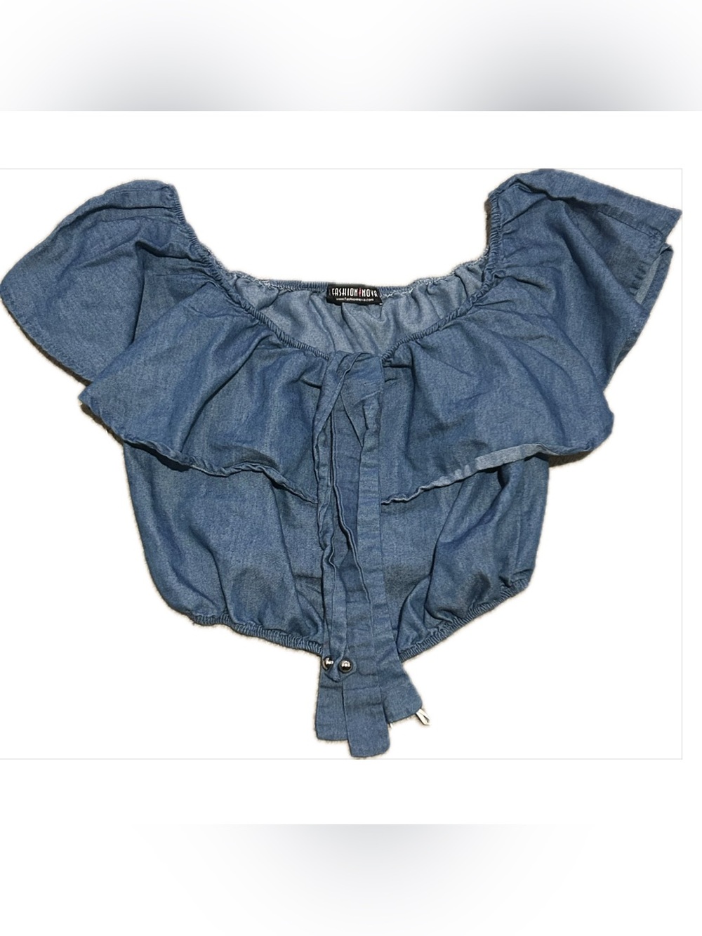 Fashion Nova Denim Off-Shoulder Ruffle Crop Top — Blue